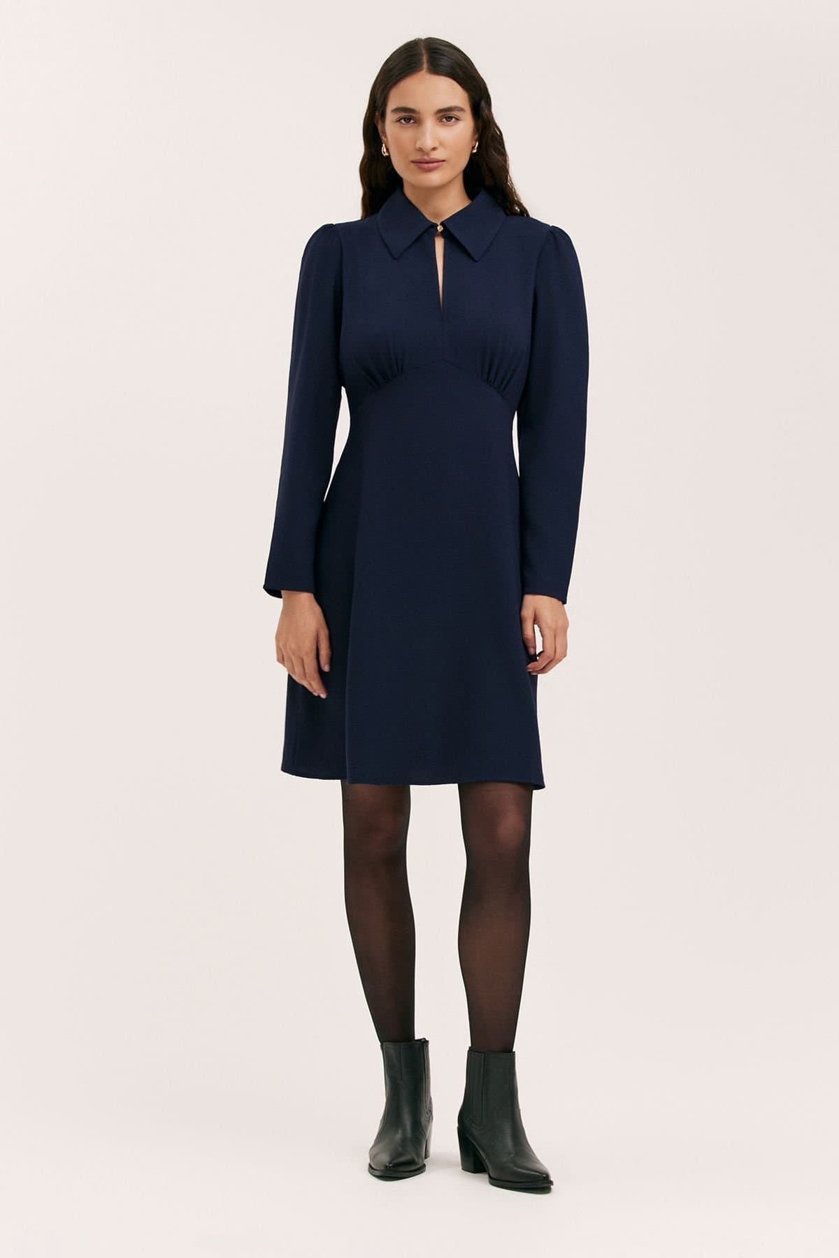 Finery London Finery London Women's Sabine Long Sleeve Collared Short Dress in Dark Navy