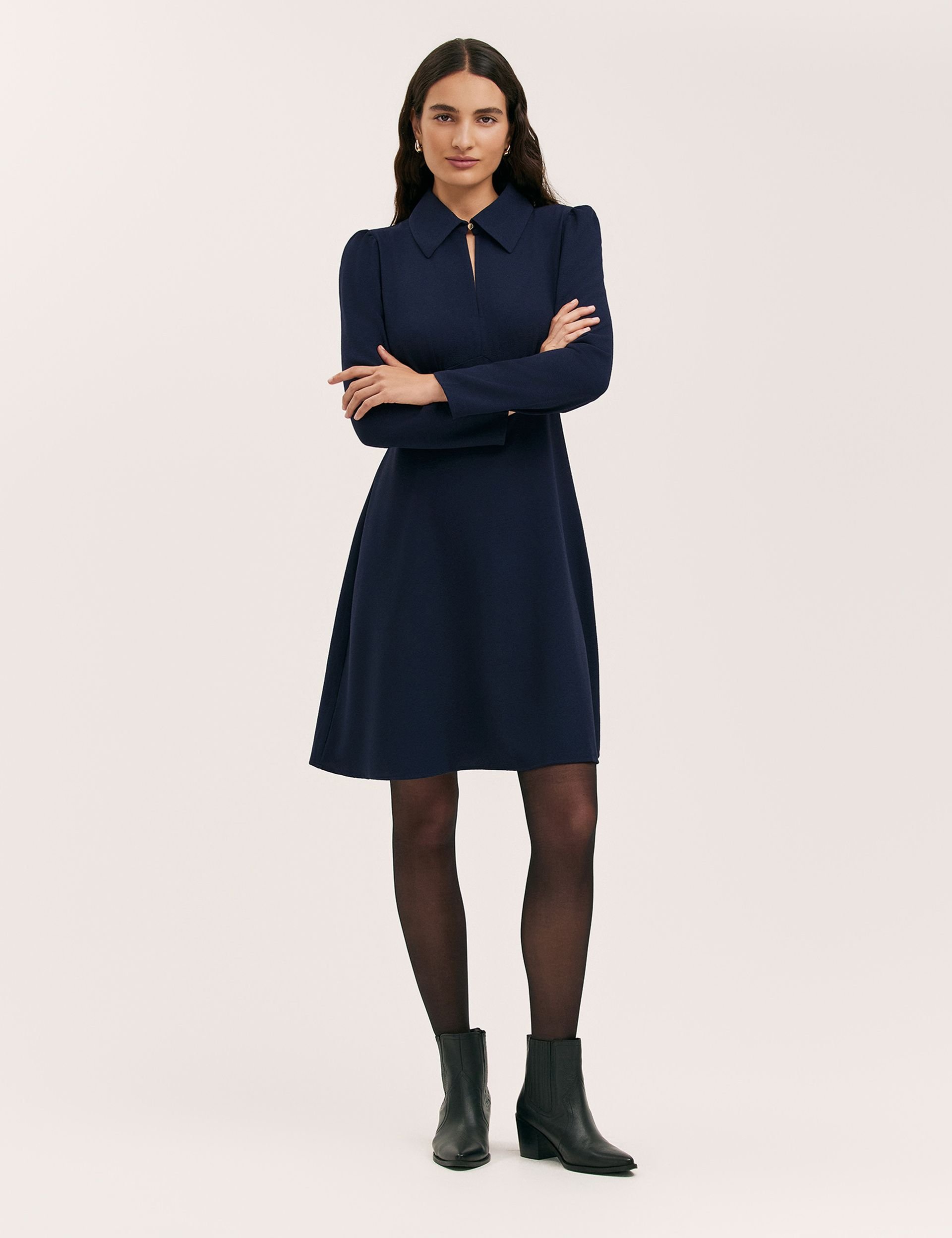 Finery London Finery London Women's Sabine Long Sleeve Collared Short Dress in Dark Navy - 2