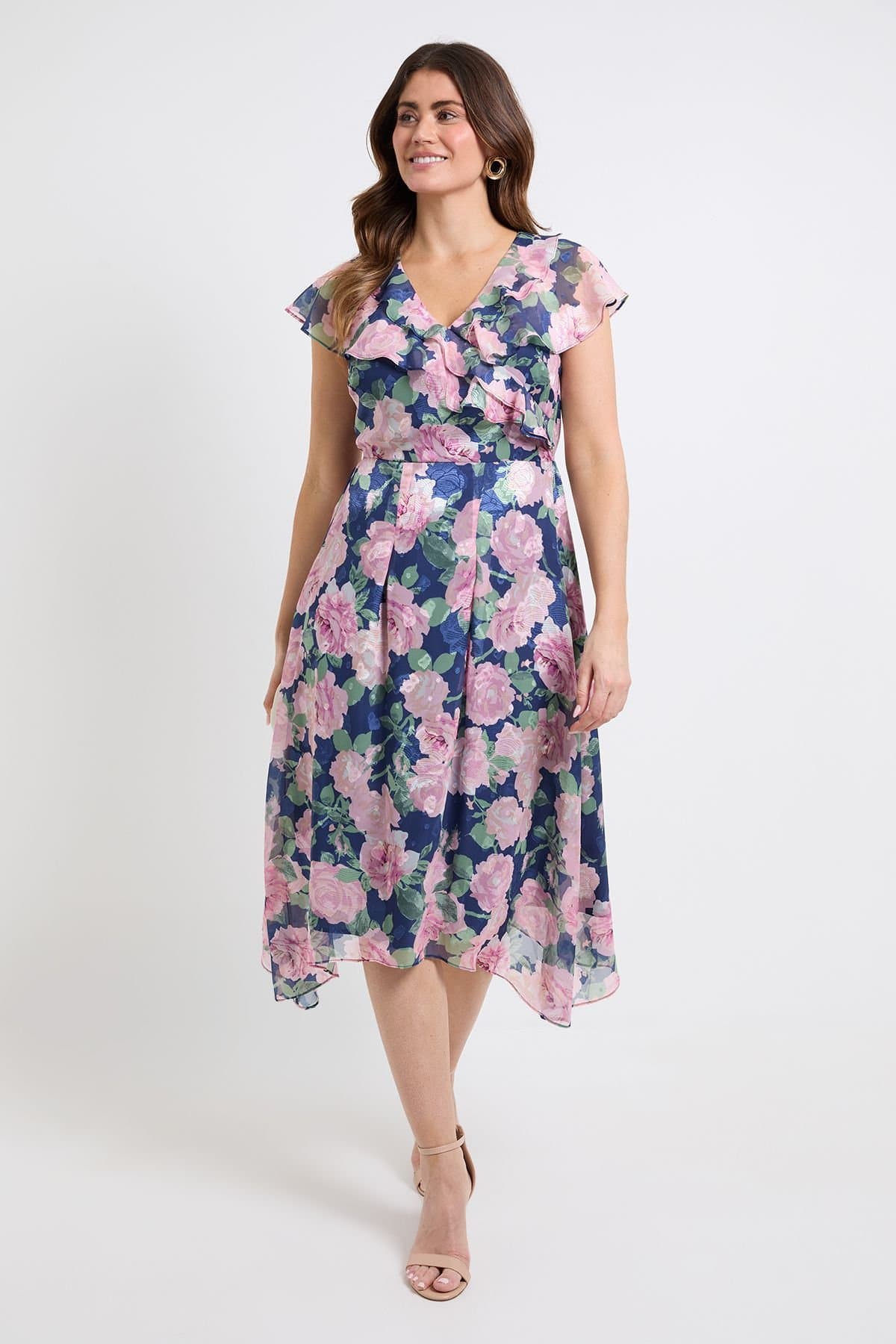 Wallis Wallis Women's Floral Burn Out Ruffle Midi Dress in Navy