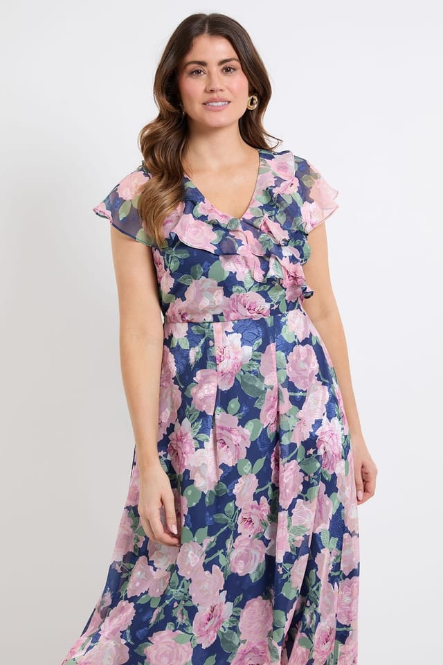 Wallis Wallis Women's Floral Burn Out Ruffle Midi Dress in Navy - 2
