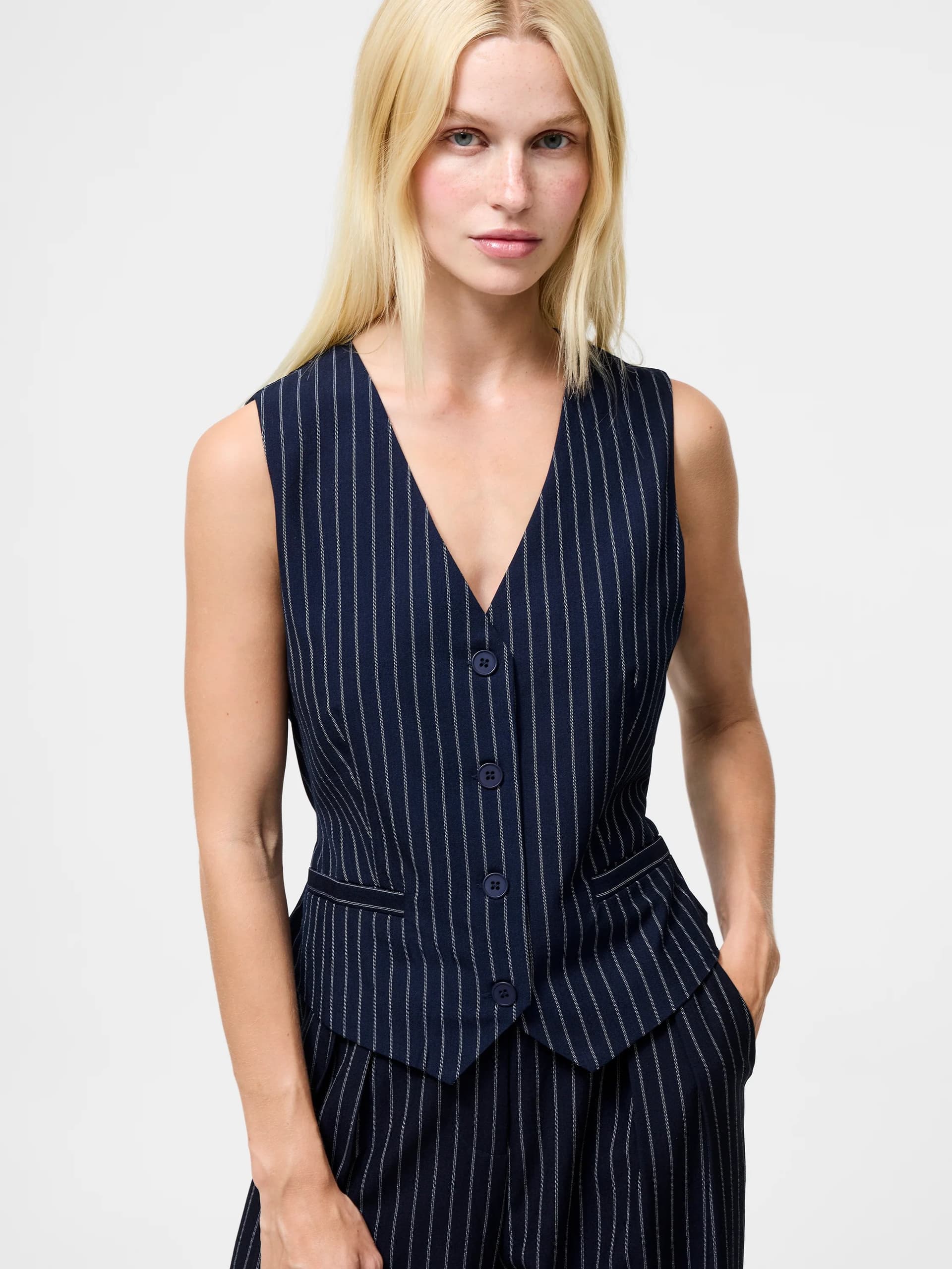 French Connection Pinstripe Tailored Waistcoat Navy Blue/White
