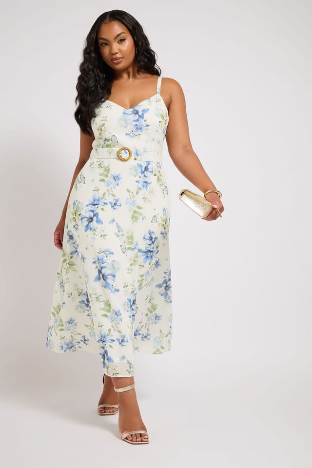 Yours Yours Women's Floral Belted Linen Look Dress in Ivory - 2