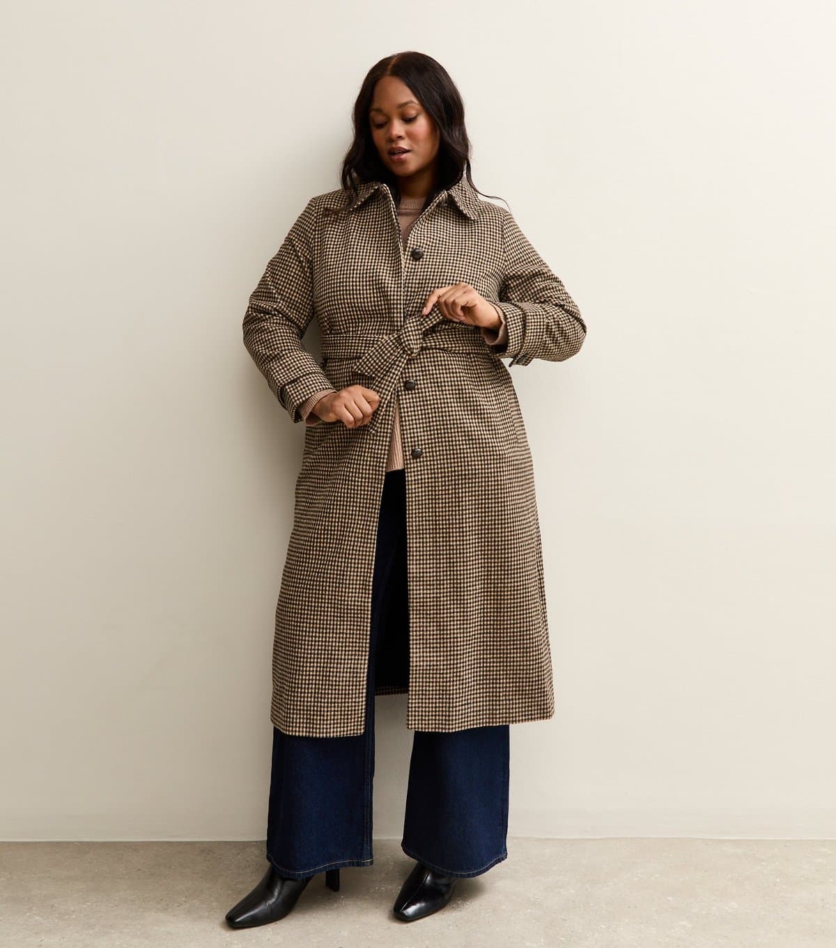 New Look Women's Curve Brown Checked Belted Midi Coat New Look