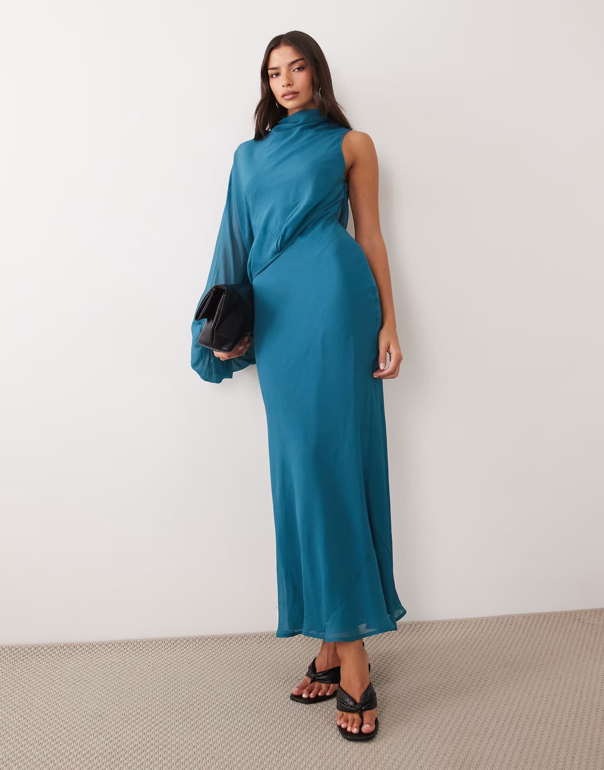 ASOS ASOS DESIGN one sleeve blouson overlay bias cut maxi dress in teal