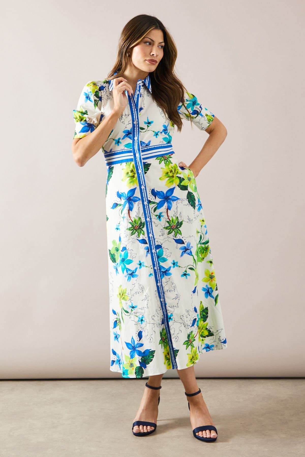 Wallis Wallis Women's Floral Print Button Midi Shirt Dress in Ivory