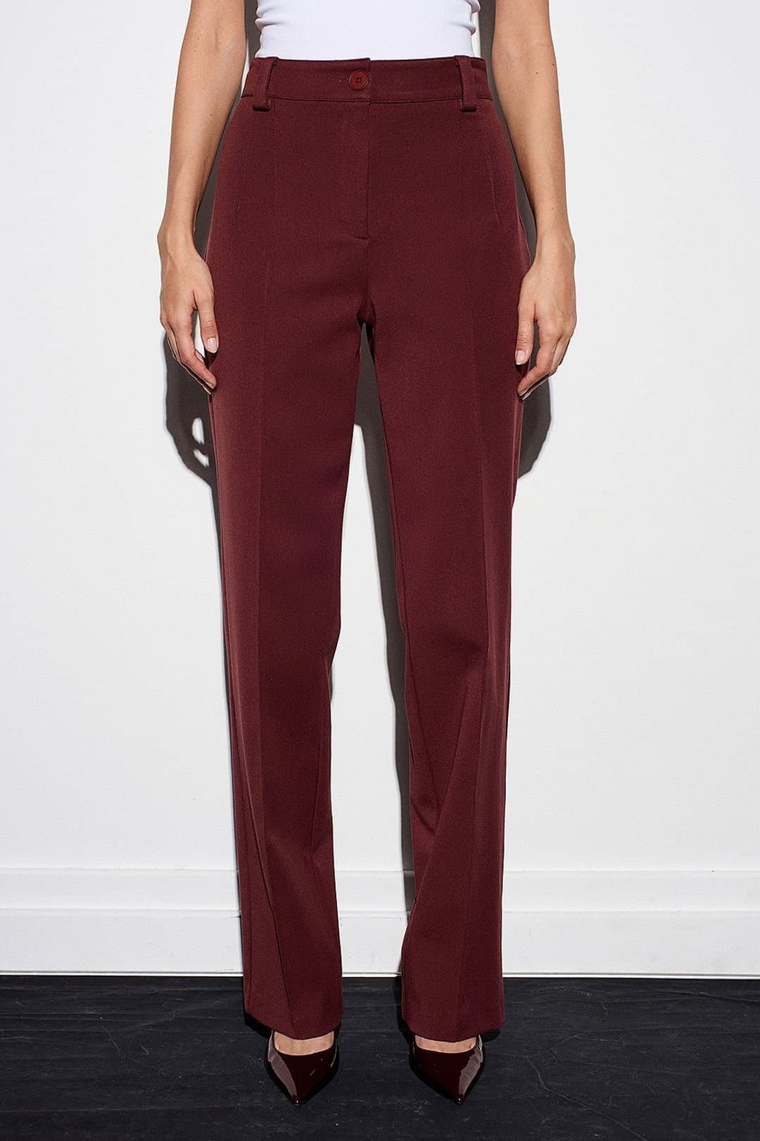 Dilvin Dilvin Women's High-waist Straight-leg Pleated Trousers in Burgundy
