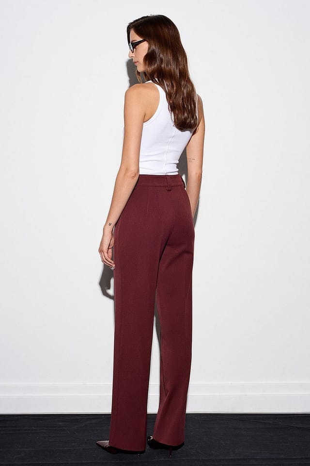 Dilvin Dilvin Women's High-waist Straight-leg Pleated Trousers in Burgundy - 2