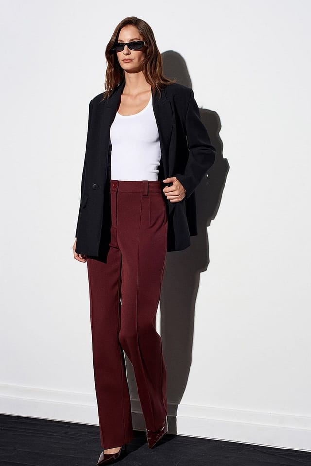 Dilvin Dilvin Women's High-waist Straight-leg Pleated Trousers in Burgundy - 3