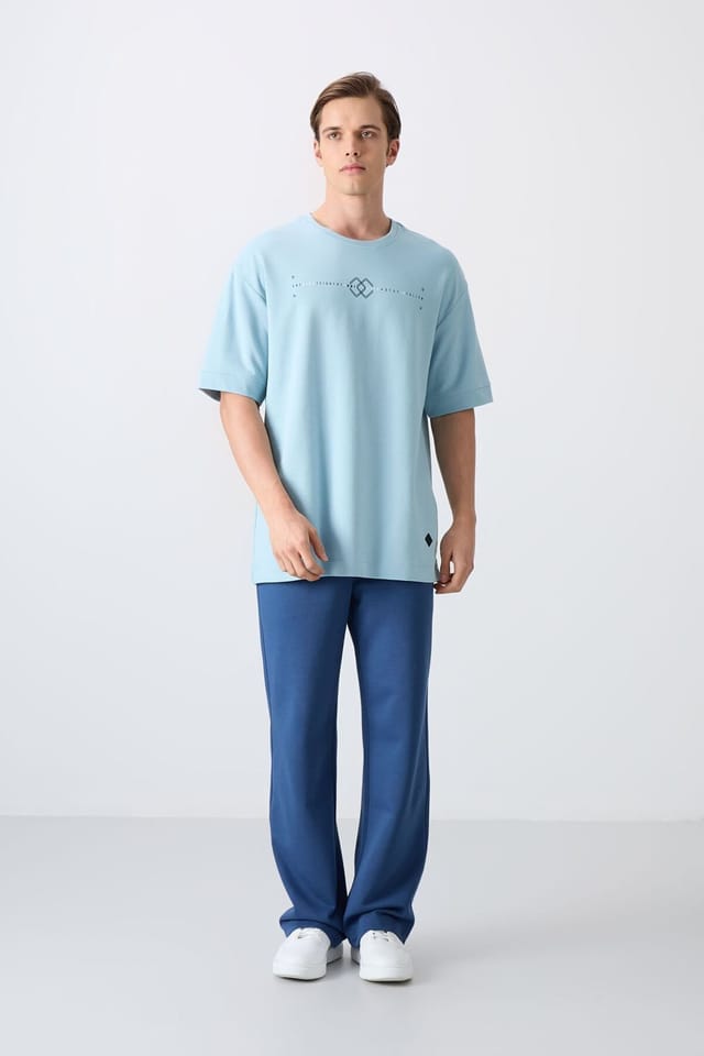 Tommy Life Tommy Life Men's Oversized Printed Crew Neck T-Shirt in Baby Blue - 2