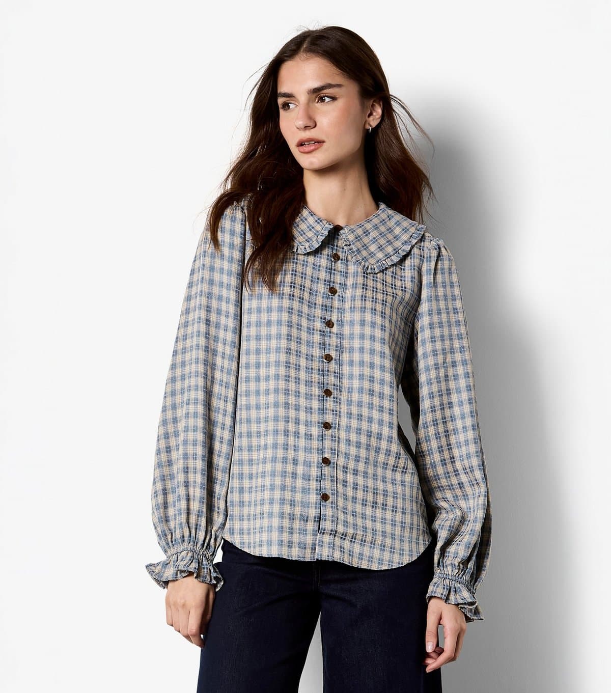 Apricot Women's Blue Chenille Checked Ruffled Shirt Apricot New Look