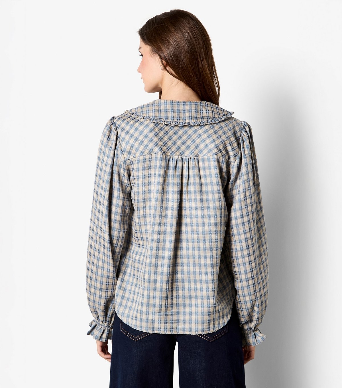 Apricot Women's Blue Chenille Checked Ruffled Shirt Apricot New Look - 3