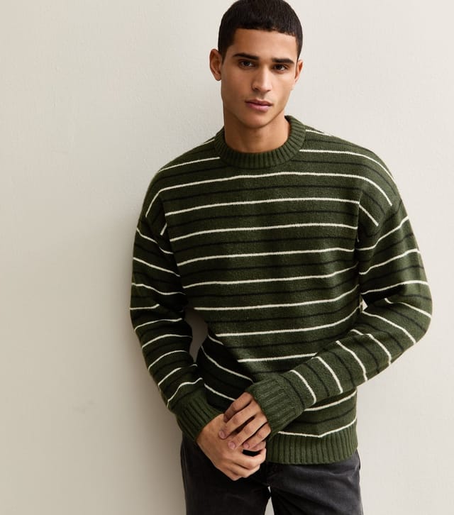 jack & jones Men's Green Regular Striped Crew Neck Jumper Jack & Jones New Look - 2