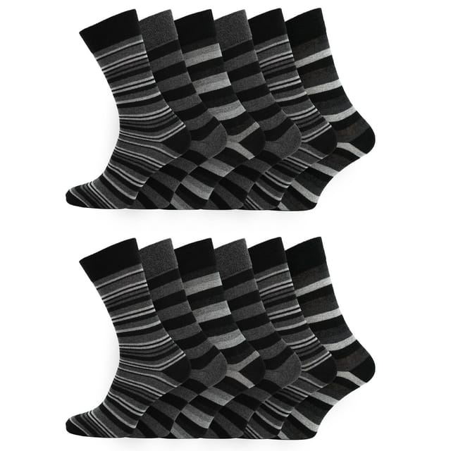 Britwear Britwear Men's 12 x Cotton Blend Grey Stripe Design Pattern Socks - 2