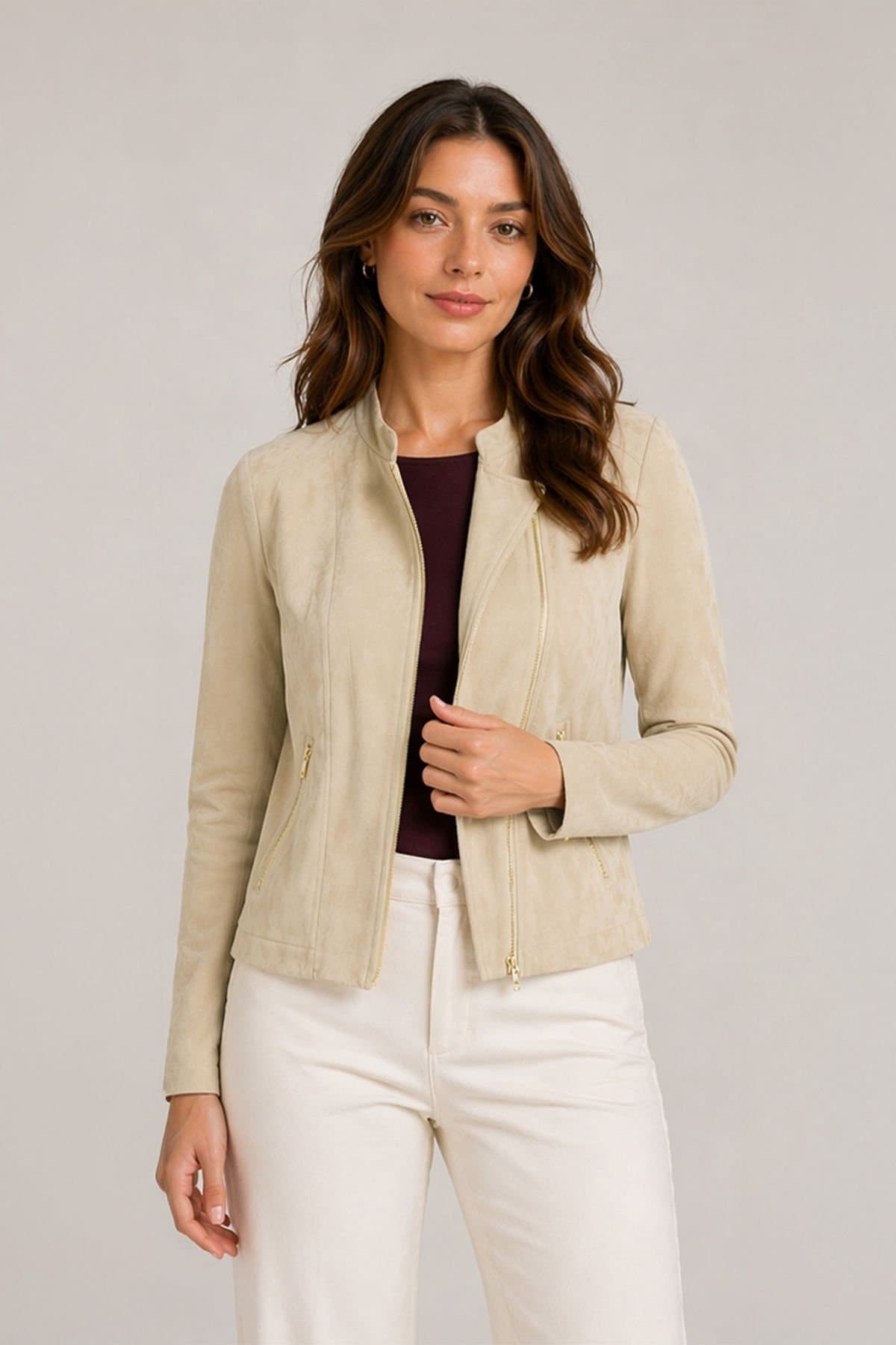 Kettlewell Kettlewell Women's Rachel Cropped Biker Jacket in Light Beige