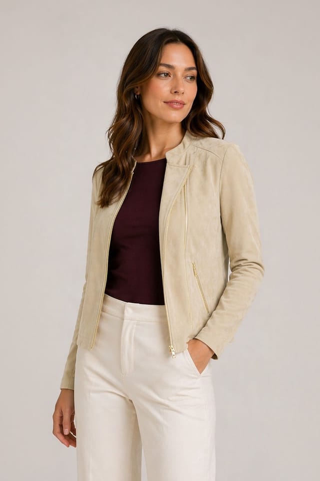 Kettlewell Kettlewell Women's Rachel Cropped Biker Jacket in Light Beige - 3