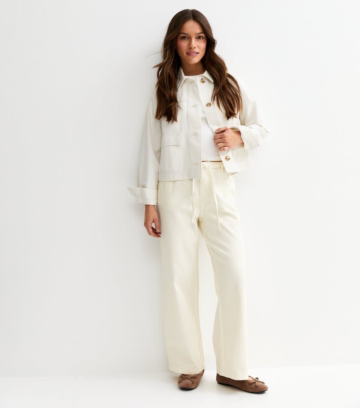 New Look Women's Petite Off White Self Tie Drawcord Waist Wide Leg Jeans New Look