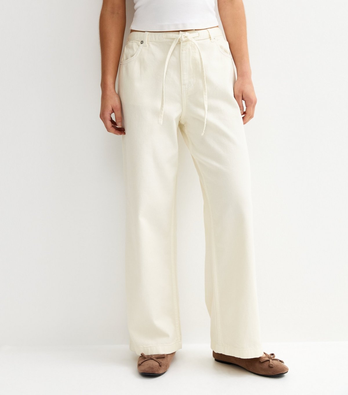 New Look Women's Petite Off White Self Tie Drawcord Waist Wide Leg Jeans New Look - 3