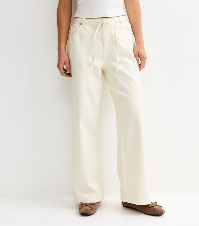 New Look Women's Petite Off White Self Tie Drawcord Waist Wide Leg Jeans New Look - 3