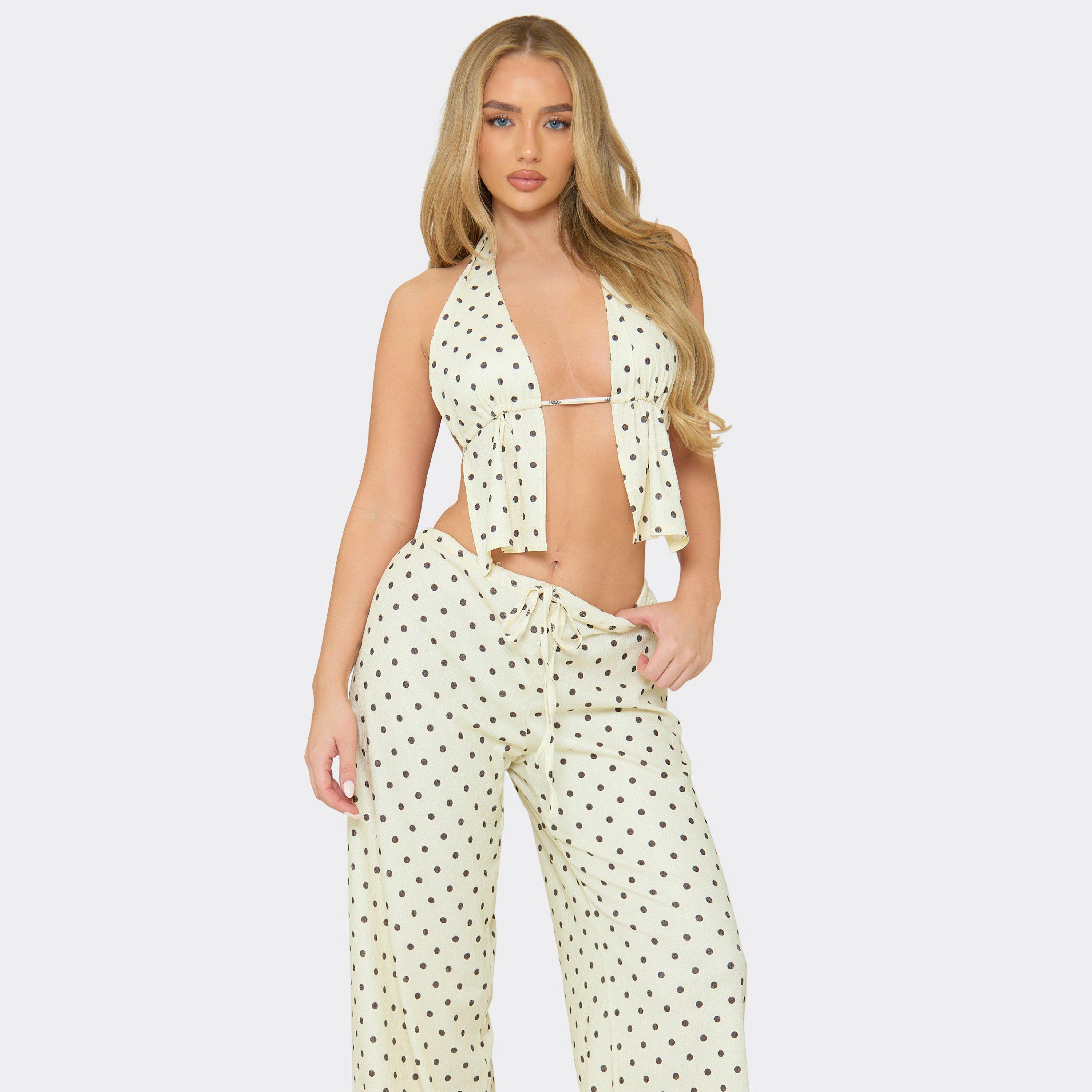 EGO Halterneck Tie Back Top In Lemon Polka Dot, Women's Size UK 6 - 1