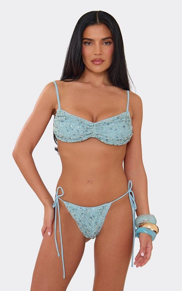 EGO Ruched Front Tie Side Crochet Bikini Set In Blue Sequin, Women's Size UK 6 - 2