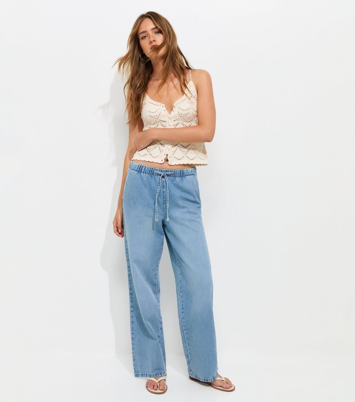 New Look Women's Light Blue Denim Wide Leg Drawstring Waist Jeans New Look
