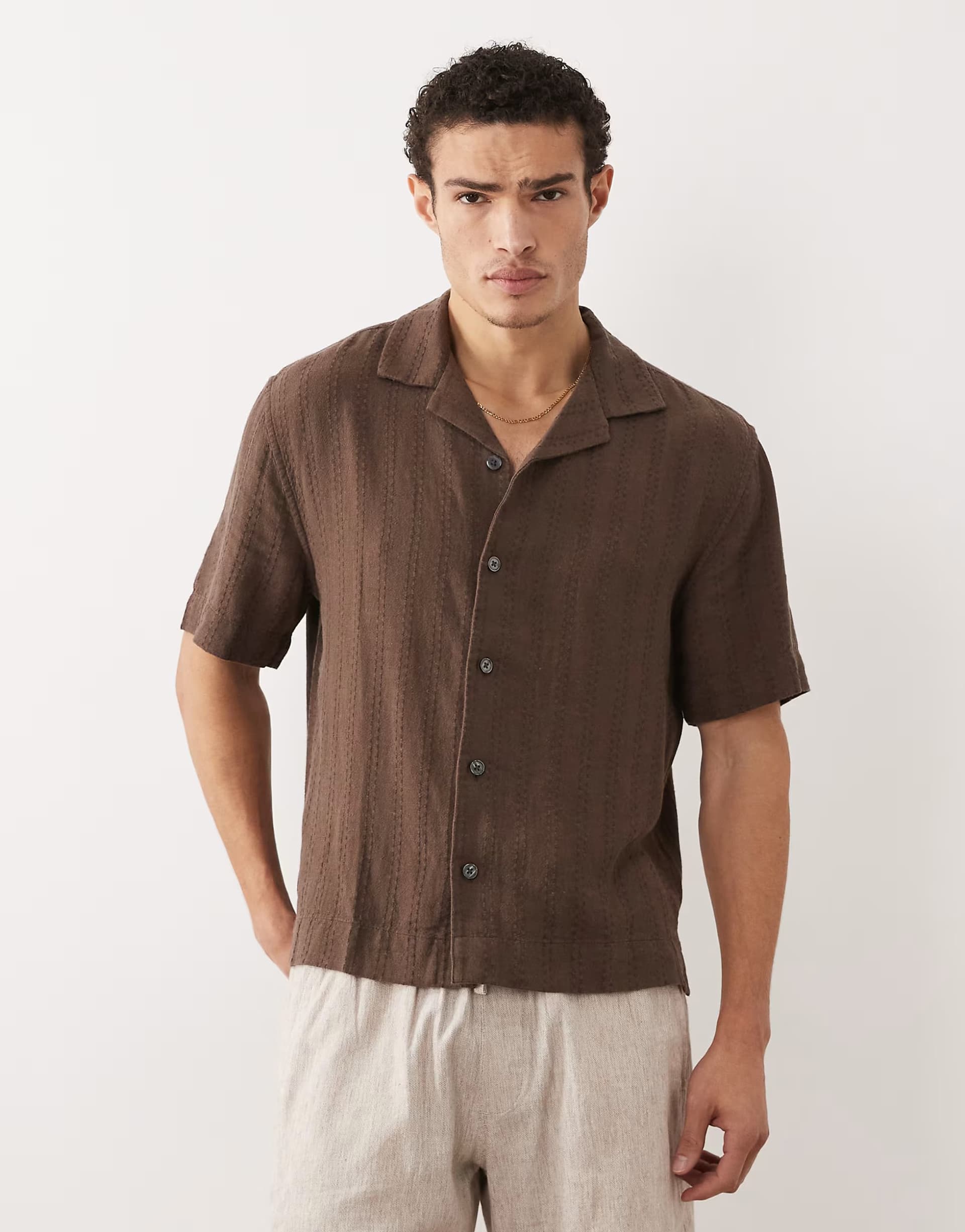 ASOS Abercrombie & Fitch short sleeve linen blend shirt in brown
