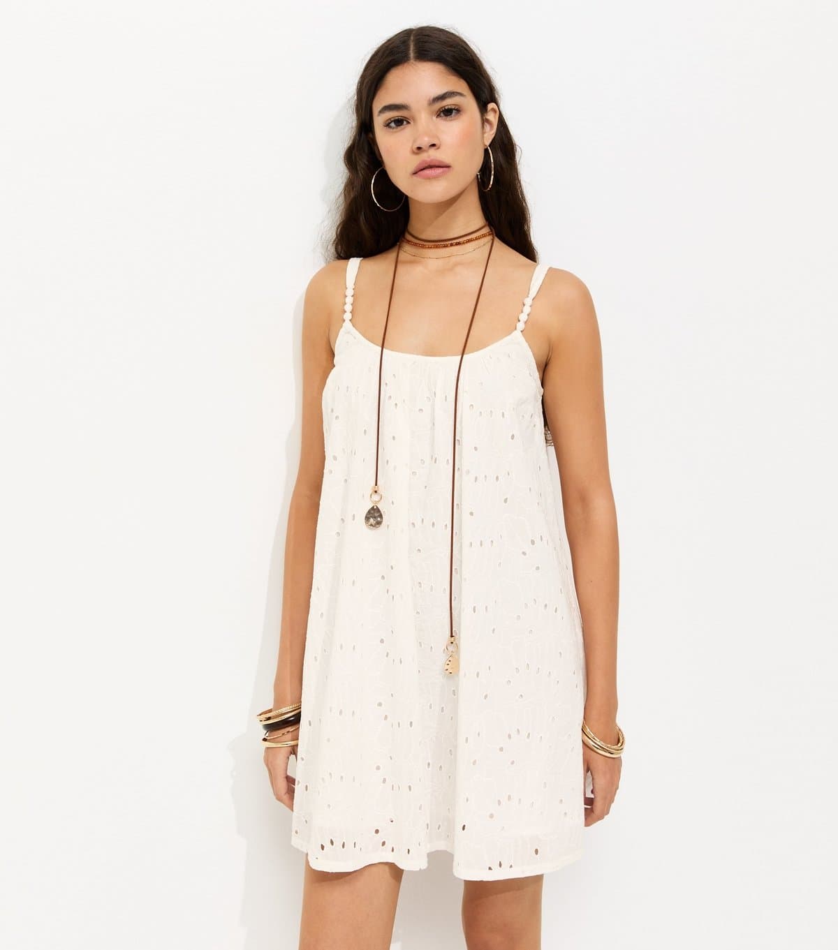 New Look Women's White Broderie Embroidered Beaded Strap Smock Mini Dress New Look