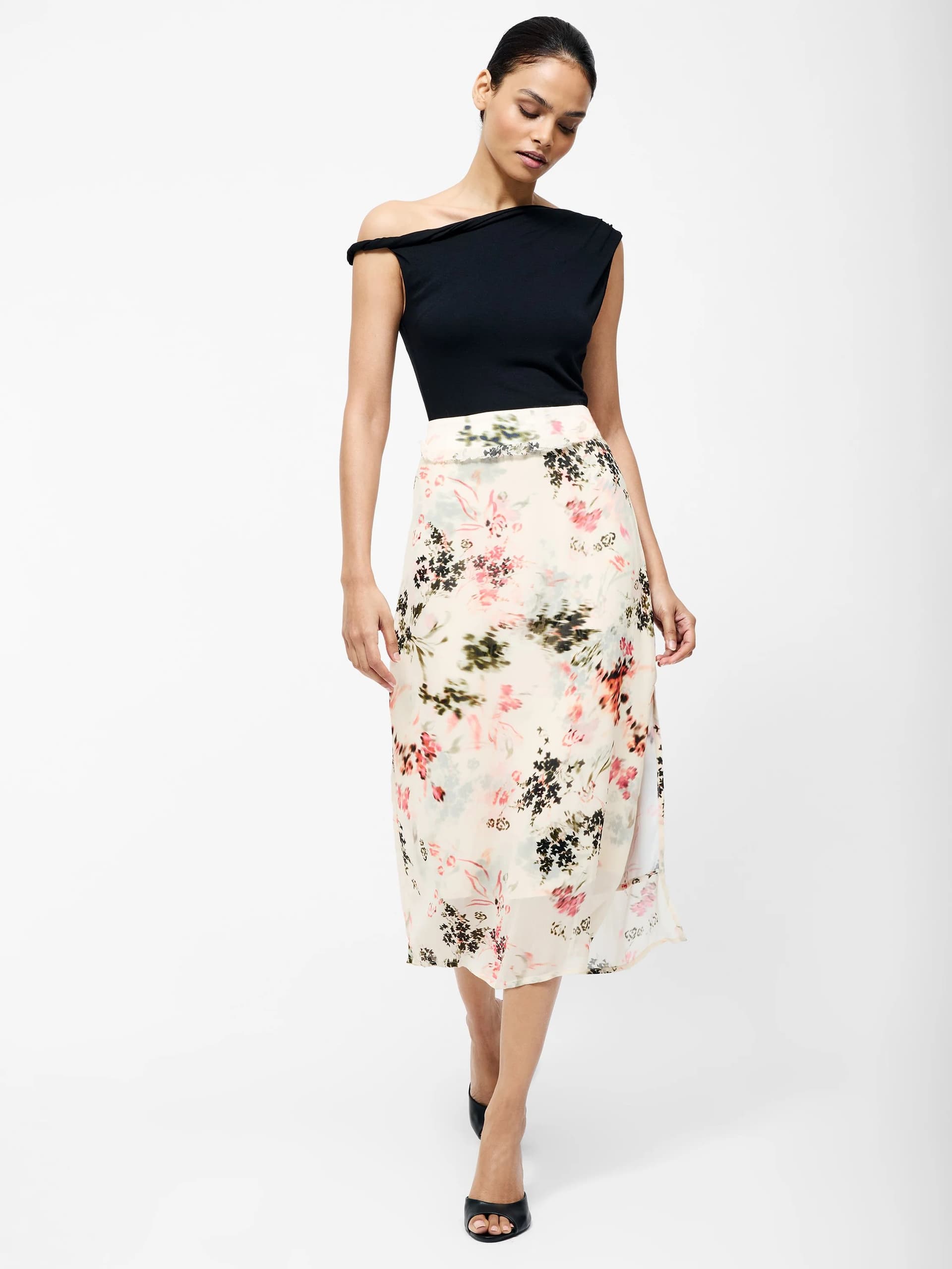 French Connection Candice Satin Georgette Overlay Midi Skirt Cream/Scarlet Red Multi