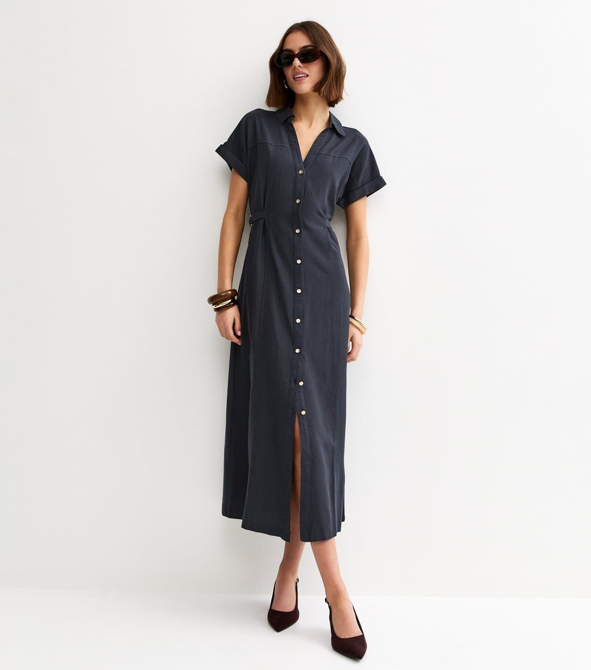 New Look Women's Navy Linen Blend Shirt Midi Dress New Look