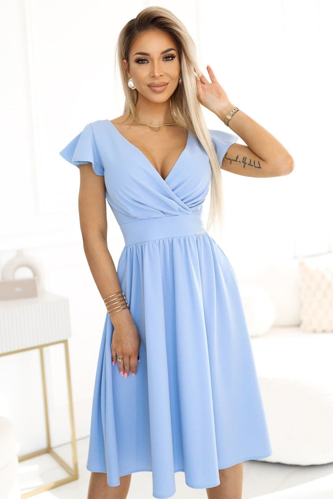 Love Lace Love Lace Women's Wrap V Neck Midi Evening Dress with Belt in Blue