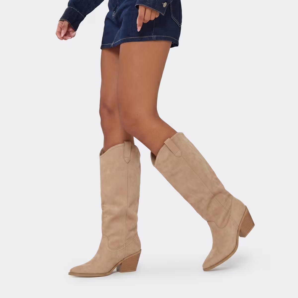 EGO Payne Pointed Toe Knee High Western Cowboy Boot In Nude Faux Suede, Women's Size UK 3