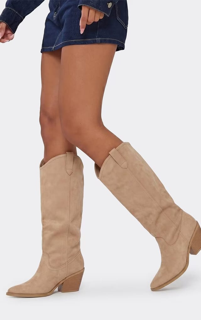 EGO Payne Pointed Toe Knee High Western Cowboy Boot In Nude Faux Suede, Women's Size UK 3 - 2