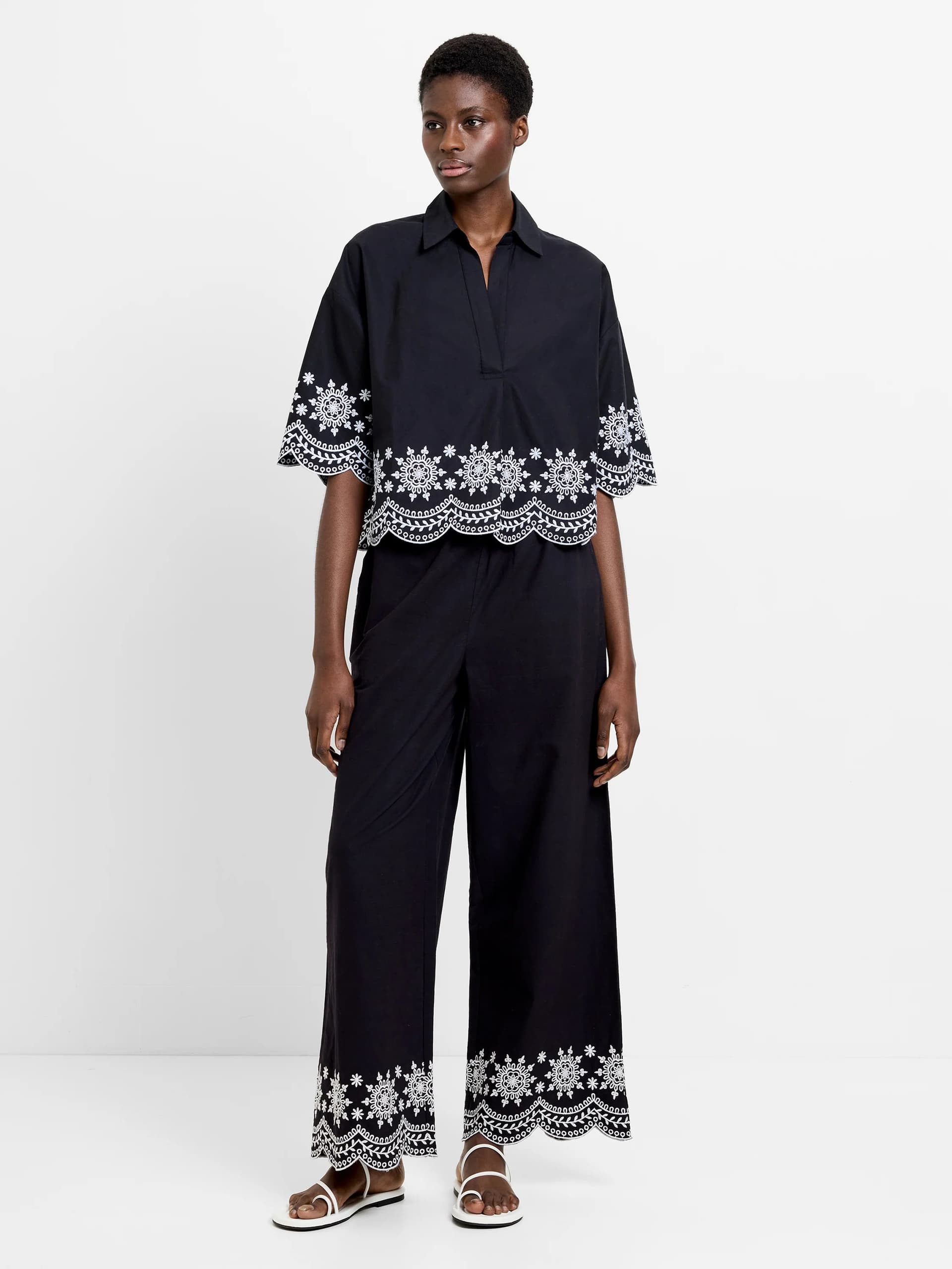 French Connection Alissa Cotton Embroidered Hem Popover Shirt Black/White