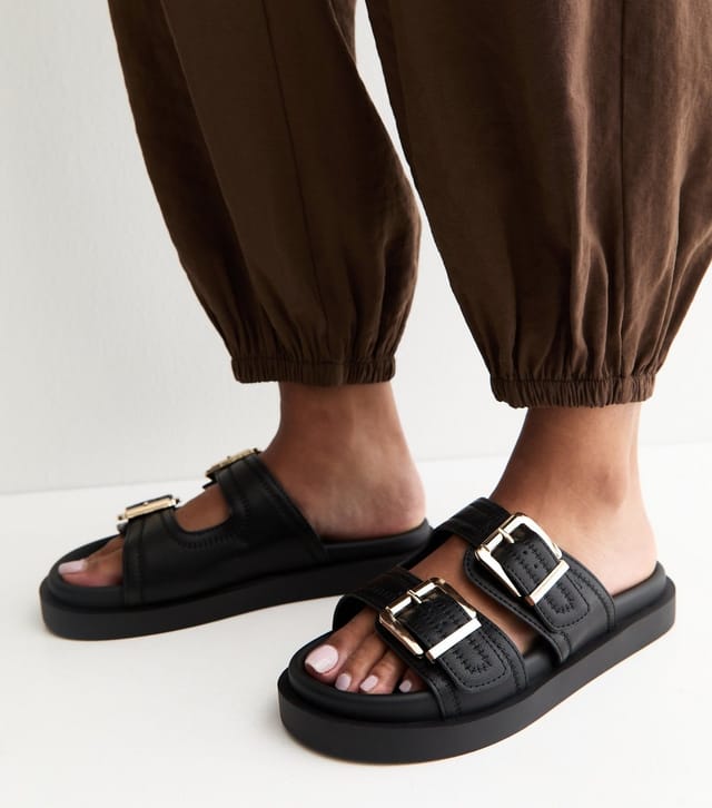 New Look Women's Wide Fit Black Faux Leather Double Strap Flat Mules Vegan New Look - 2