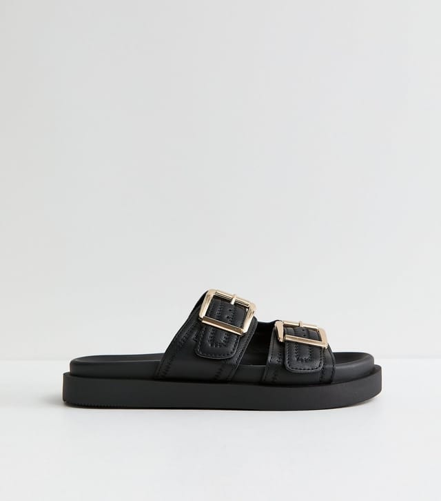 New Look Women's Wide Fit Black Faux Leather Double Strap Flat Mules Vegan New Look - 3