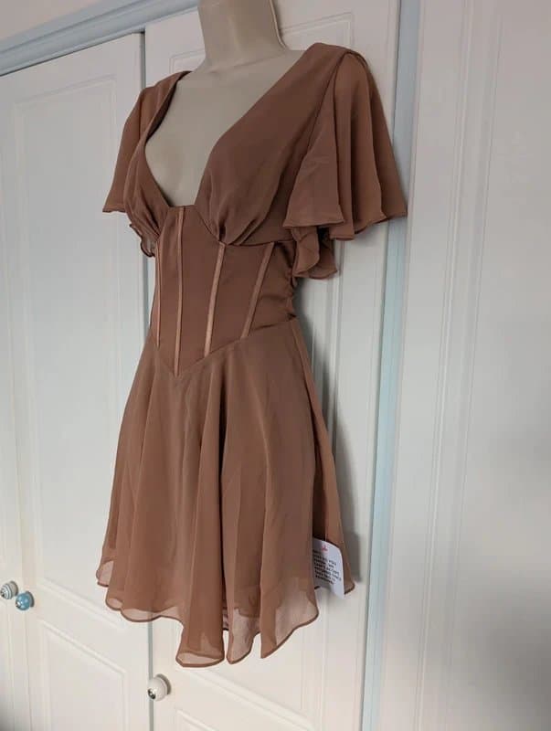 ASOS ASOS Design flutter sleeve mini skater dress in mocha size 8