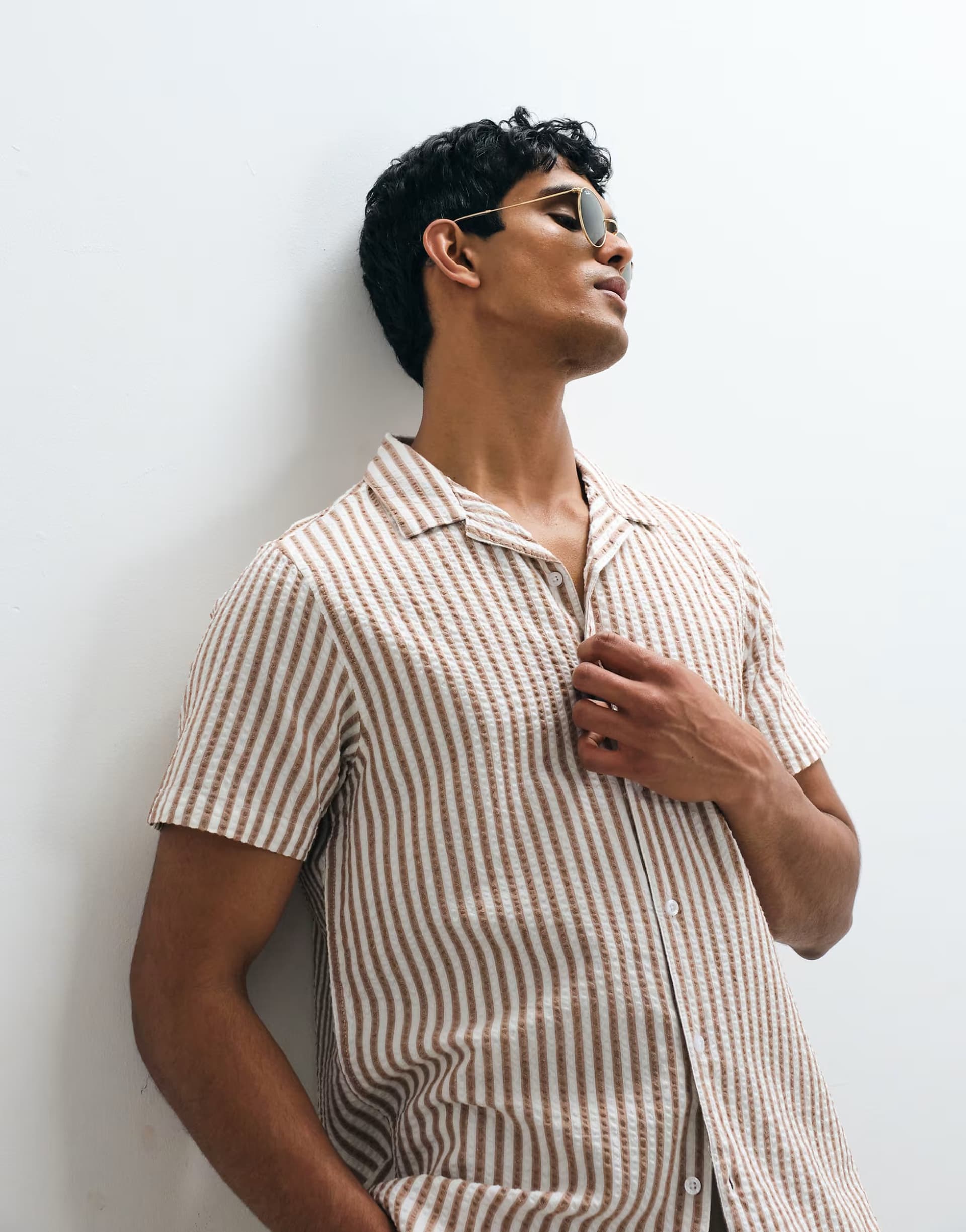 ASOS Brave Soul revere collar short sleeve shirt in ecru seersucker stripe