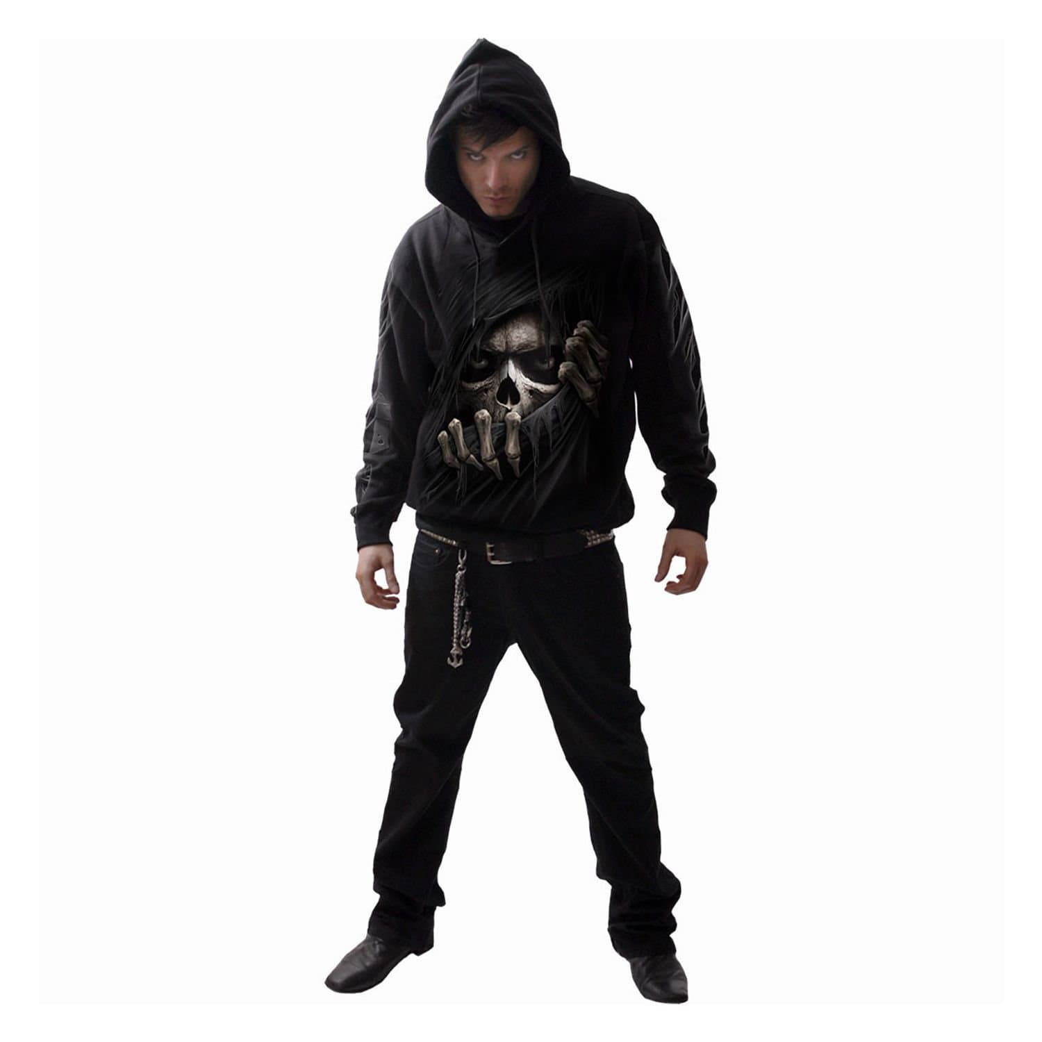 Spiral Spiral Men's Grim Ripper Back & Sleeve Print Pull Over Hoodie in Black
