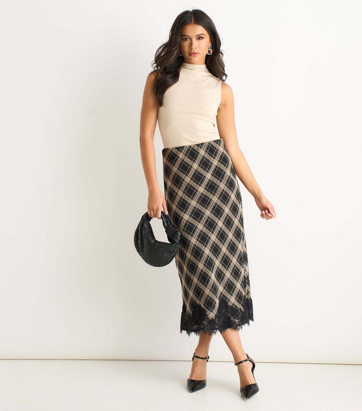 Gini London Women's Black Check Lace Bias Midi Skirt Gini London New Look - 2