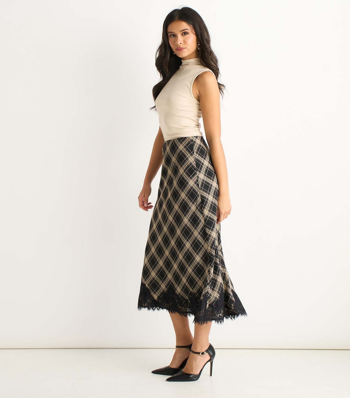 Gini London Women's Black Check Lace Bias Midi Skirt Gini London New Look - 4
