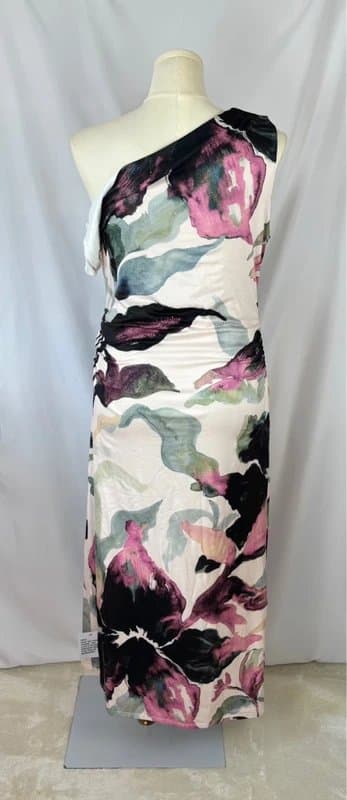 ASOS Design UK 18 ASOS Floral One Shoulder Drop Sleeve Midaxi Ruched Dress Wedding Guest Occasion