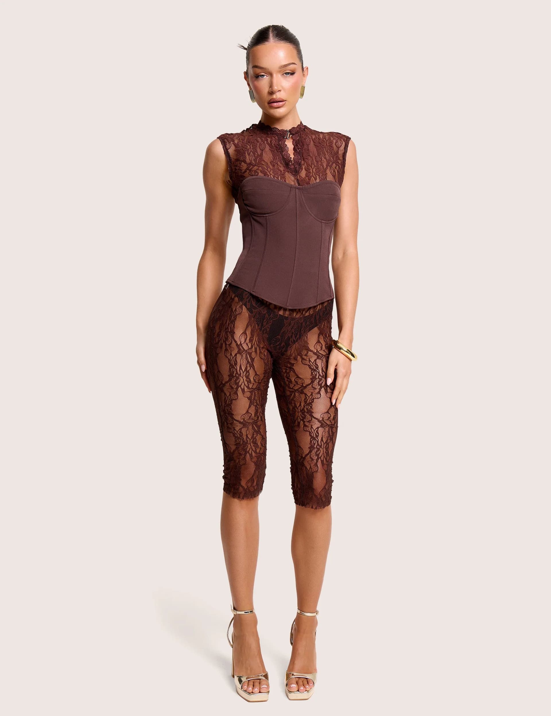 Public Desire High Waist Sheer Floral Lace Capri Pants Brown