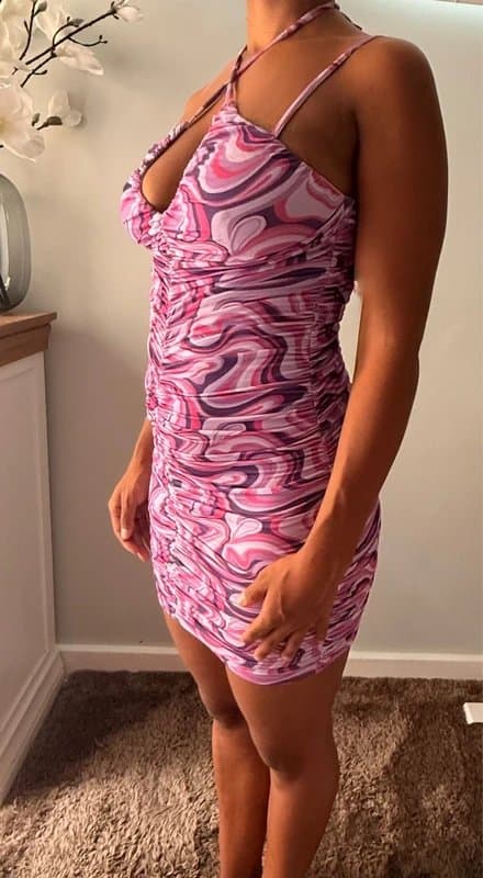 Boux Avenue Boux Avenue Pink Purple Marble Print Ruched Halter Bodycon Mini Dress UK 10 BNWT