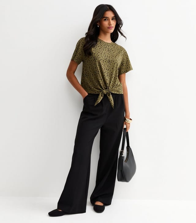 New Look Women's Khaki Speckled Print Tie Front T-Shirt New Look - 3