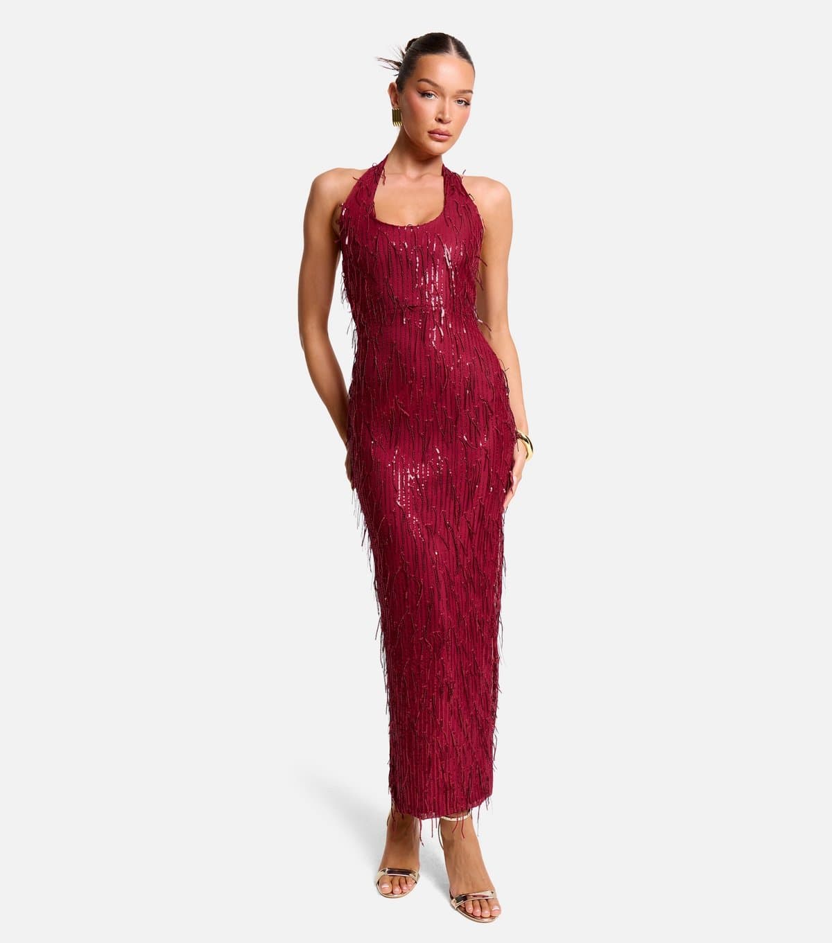 Public Desire Women's Bright Red Halter Neck Sequin Midi Dress Public Desire New Look