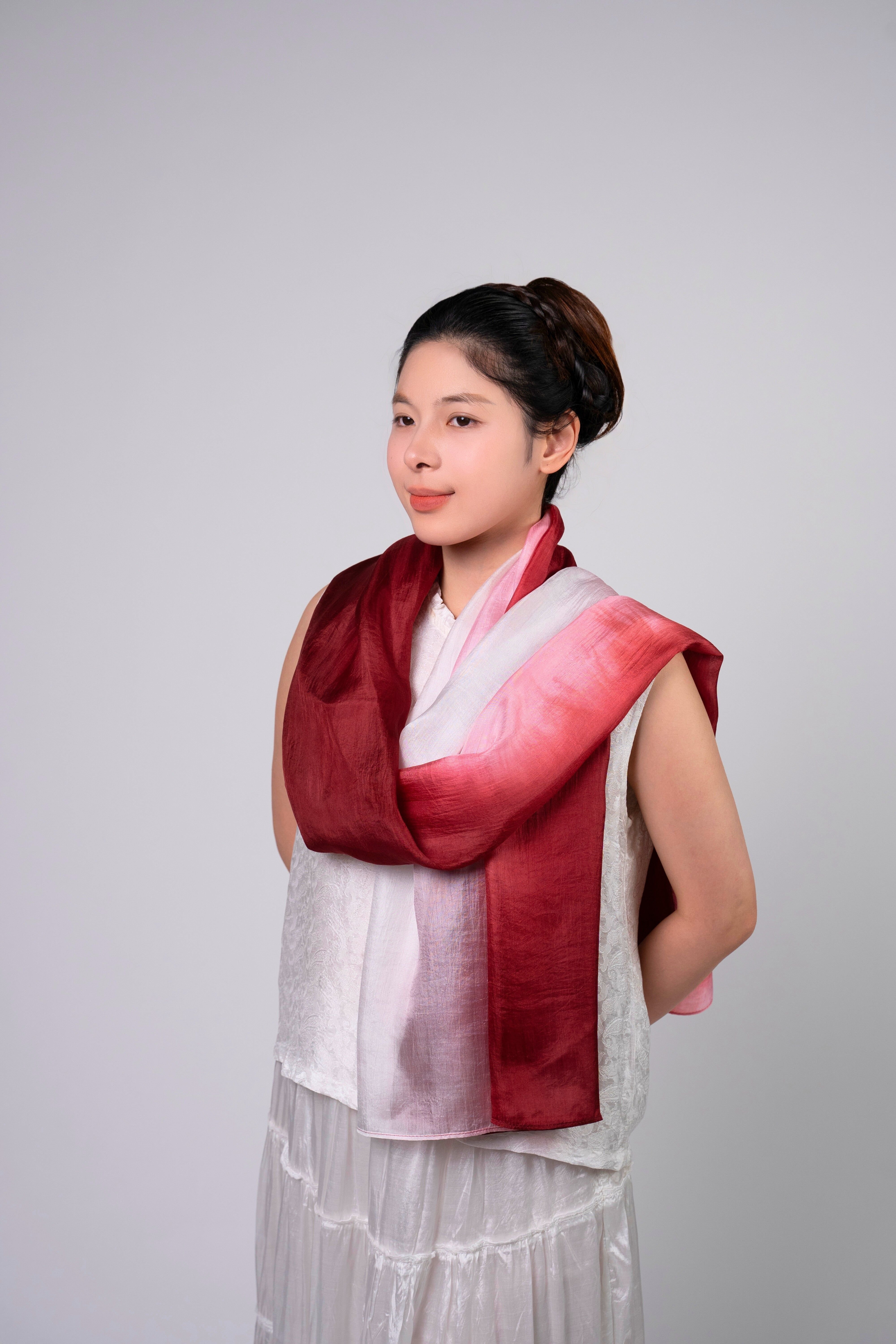 Silk and Bears Silk and Bears Women's Hand-Dyed Mulberry Silk Scarf - Crimson to Pearl White Ombre in Dark Red - 2