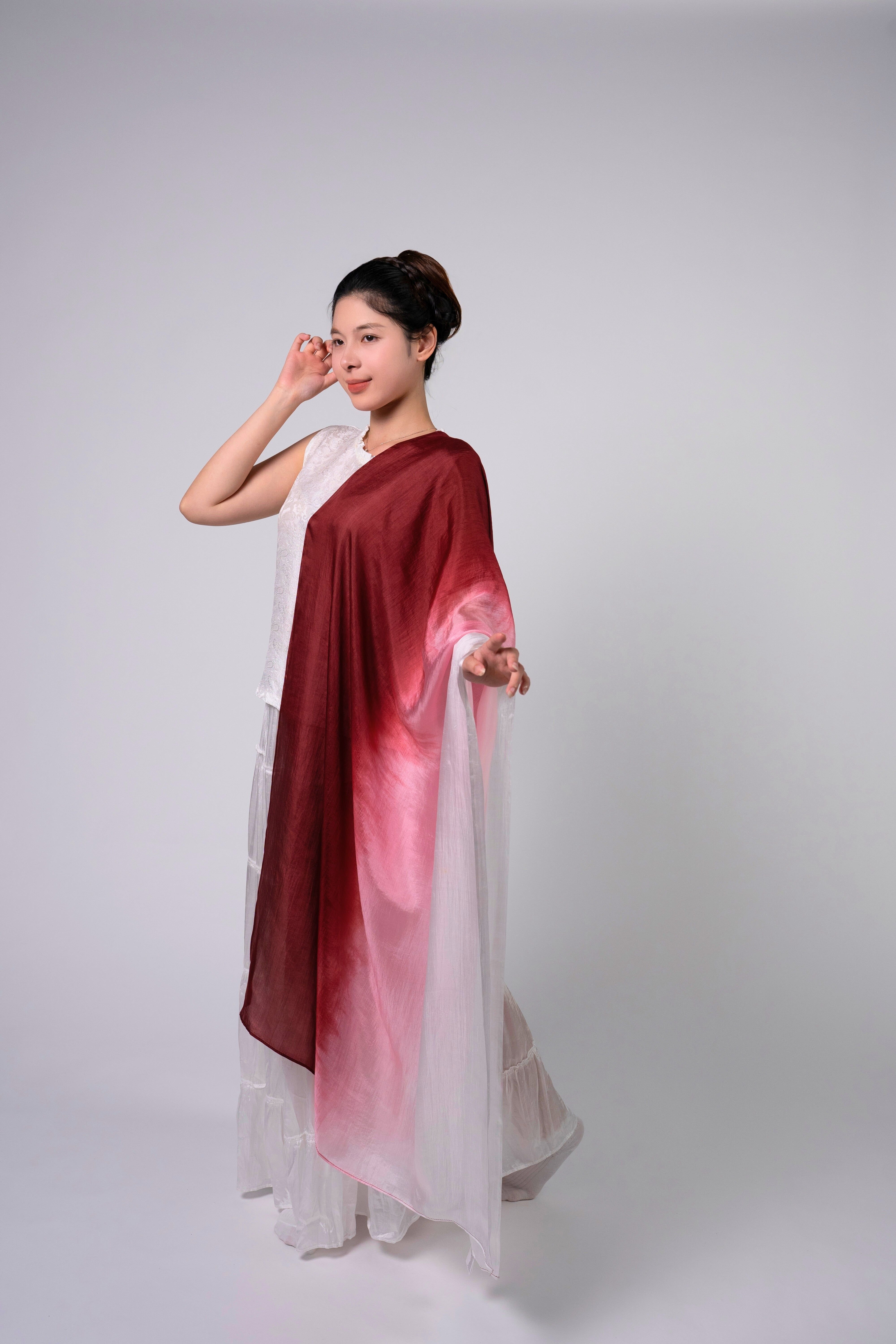 Silk and Bears Silk and Bears Women's Hand-Dyed Mulberry Silk Scarf - Crimson to Pearl White Ombre in Dark Red - 3