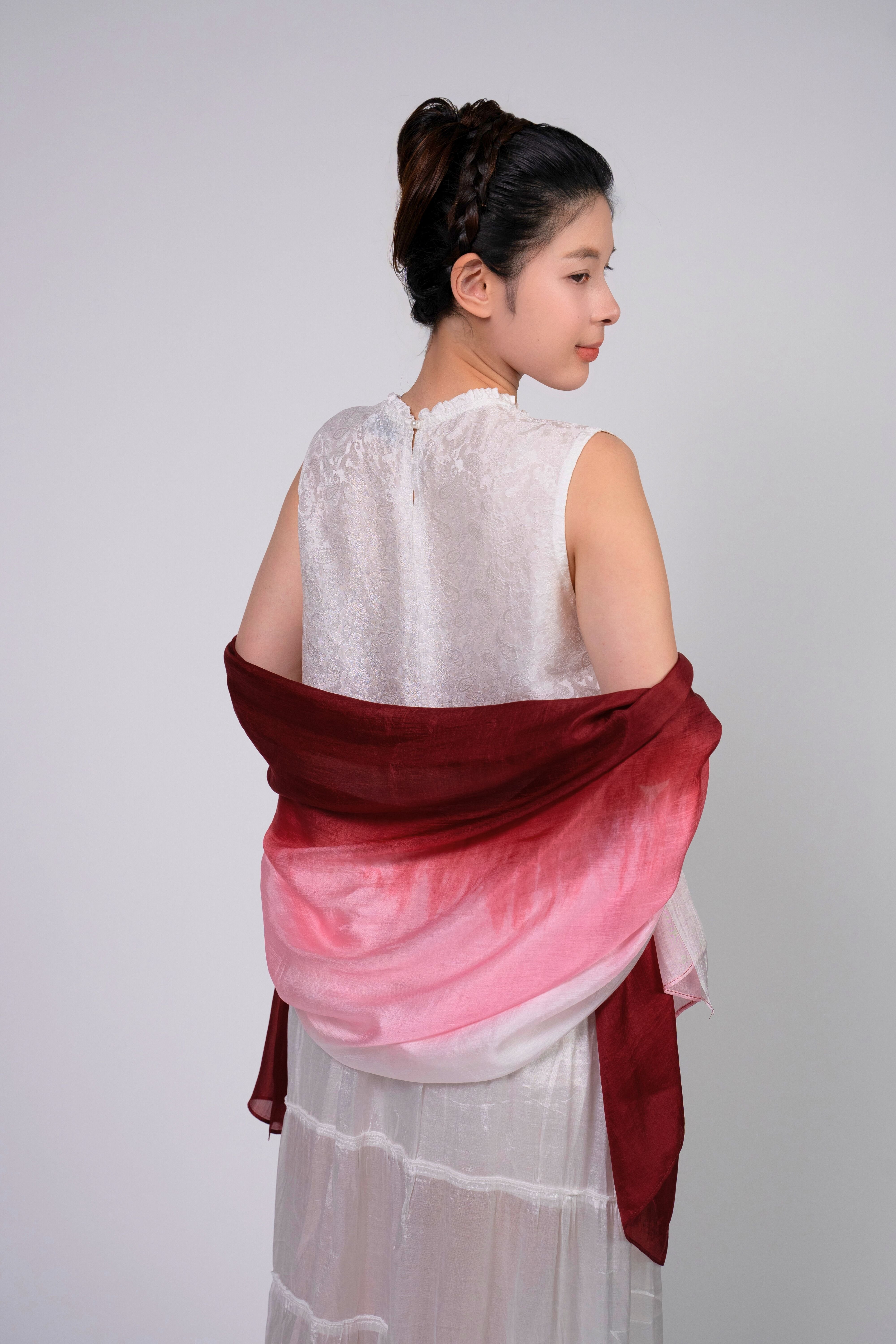 Silk and Bears Silk and Bears Women's Hand-Dyed Mulberry Silk Scarf - Crimson to Pearl White Ombre in Dark Red - 4