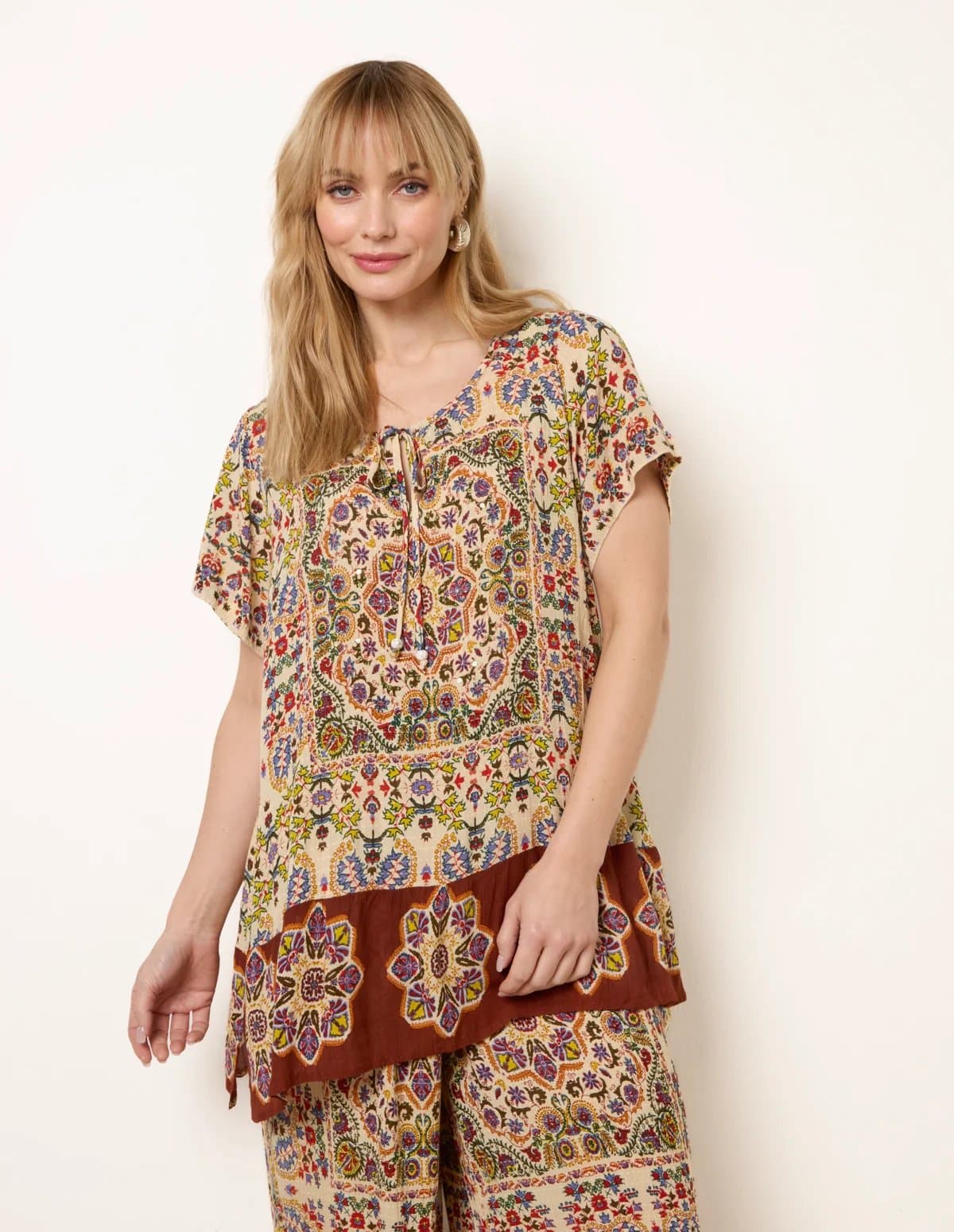 Blue Vanilla Paisley Print Embellished Tie Front Top
