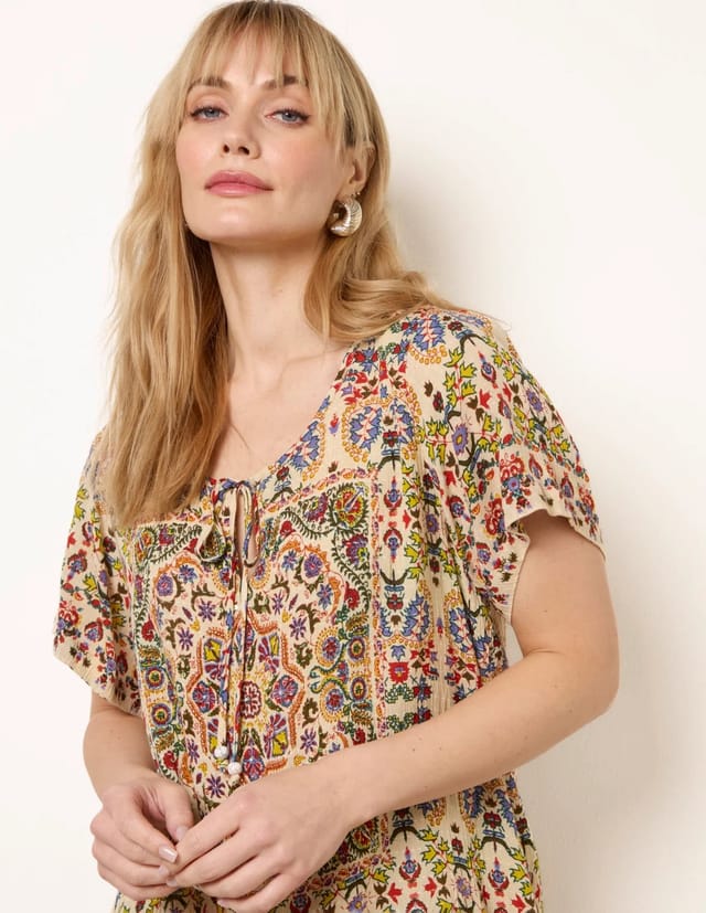 Blue Vanilla Paisley Print Embellished Tie Front Top - 3